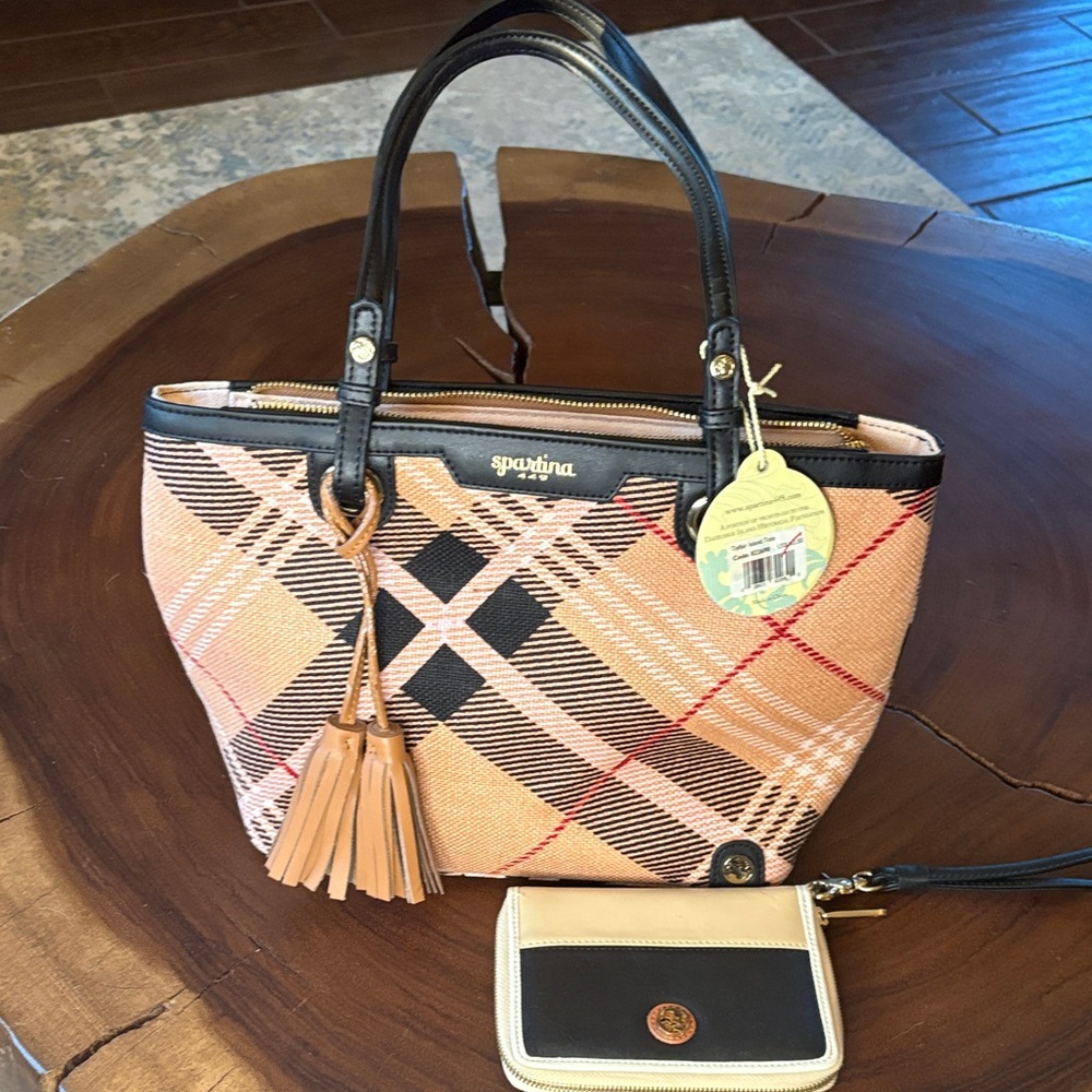 NWT Spartina 449 Telfair Island Tote Wallet Set Plaid Canvas Tassel Bag Coastal